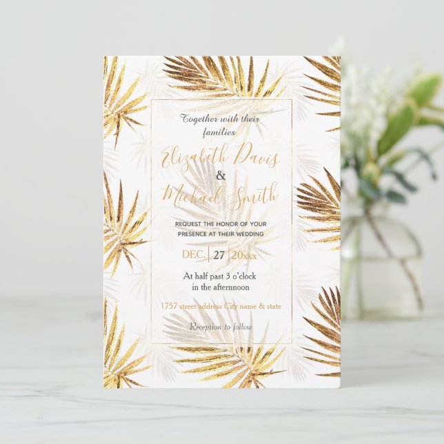 Invitación Palm de oro blanco tropical deja vegetación (Anverso de pie)
