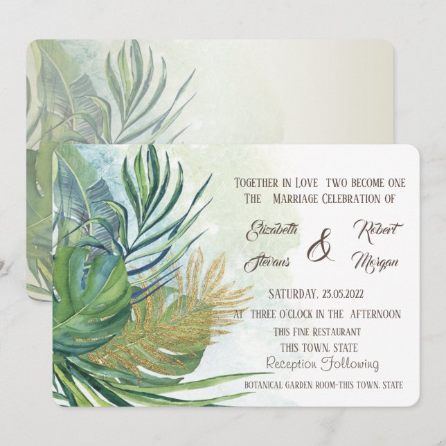 Invitación Palm de oro tropical deja Boda de verano I (Anverso / Reverso)