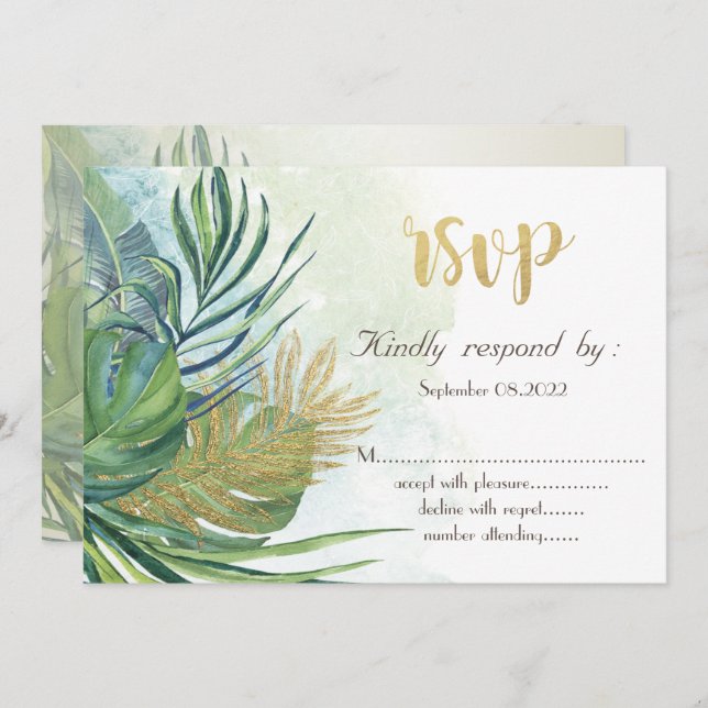 Invitación Palm de oro tropical deja verano RSVP (Anverso / Reverso)