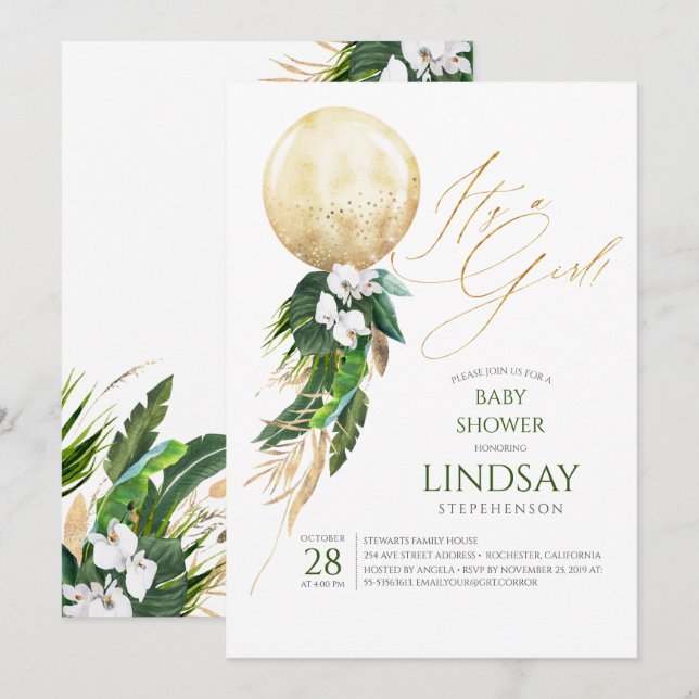Invitación Palm de orquídeas blancas deja Baby Shower con glo (Anverso / Reverso)