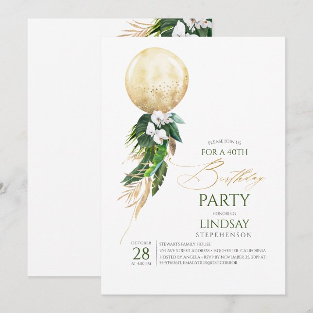 Invitación Palm de orquídeas blancas deja el cumpleaños del g (Anverso / Reverso)
