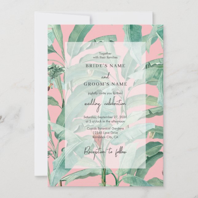 Invitación Palm de plátano tropical rosa deja Boda (Anverso)