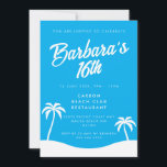 Invitación Palm de playa de Verano Girly Blue 16th Birthday<br><div class="desc">A tu hija le encantará esta invitación de JessicaAmber a la fiesta en la playa. Esta elegante tarjeta presenta una combinación de colores azul y blanco brillante. Está emparejado con una tirita de guión lindo, que establece el nombre de la persona de cumpleaños, y detalles del fiesta, incluyendo la ubicación,...</div>