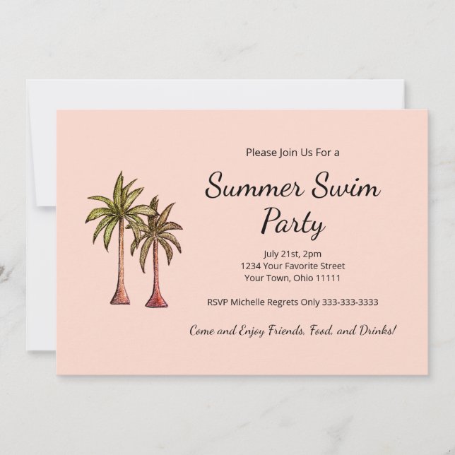 Invitación Palm de playa tropical Fiesta de piscina rosa Rubo (Anverso)
