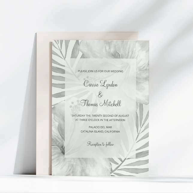 Invitación Palm de playa tropical negra y blanca Hibiscus Bod (Subido por el creador)