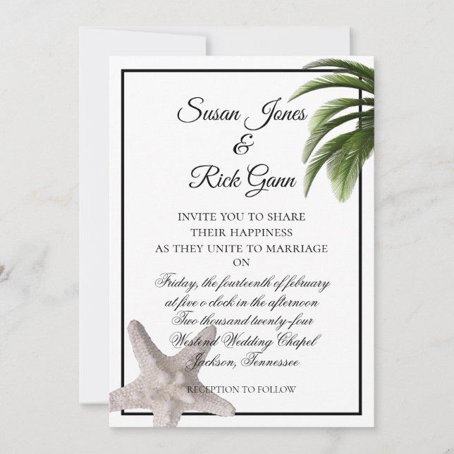 Invitación Palm de playa tropical Starfish Boda blanco modern (Anverso)