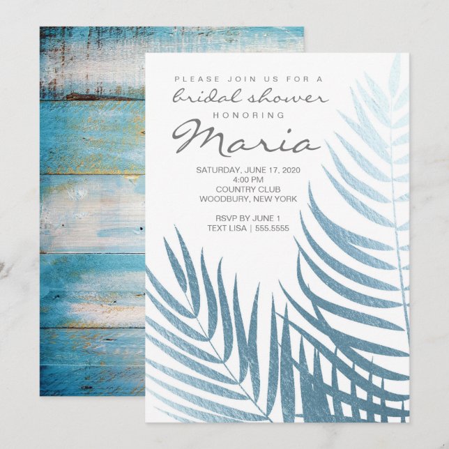 Invitación Palm de Relieve metalizado azul hielo deja ducha d (Anverso / Reverso)