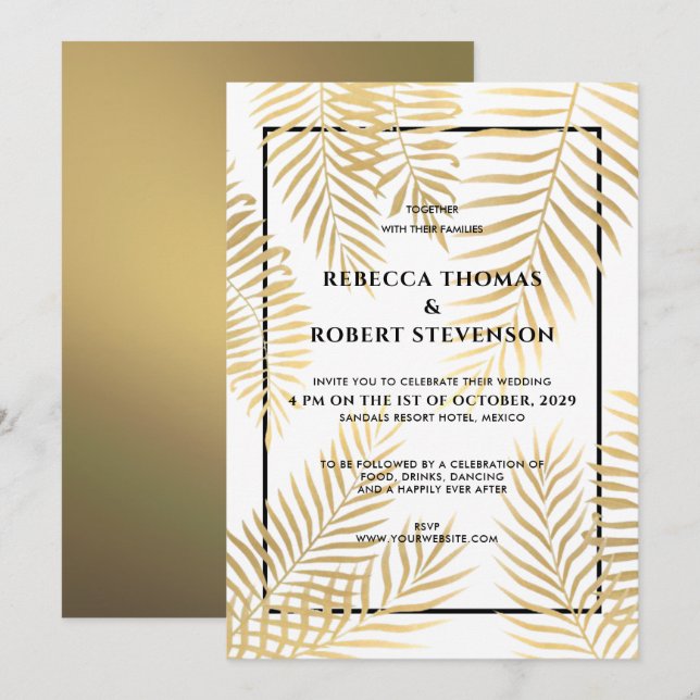 Invitación Palm de Relieve metalizado dorado falso deja boda  (Anverso / Reverso)