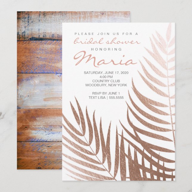 Invitación Palm de Relieve metalizado dorado Rosa deja ducha  (Anverso / Reverso)
