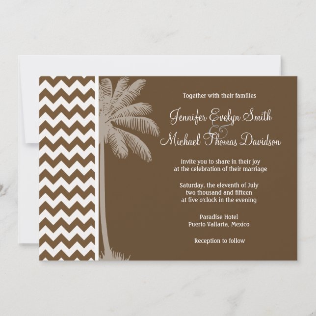 Invitación Palm de verano; Chevron marrón; zag zig (Anverso)