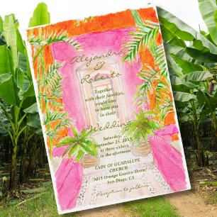 Invitación Palm Dove acuarela Coral Boda floral tropical