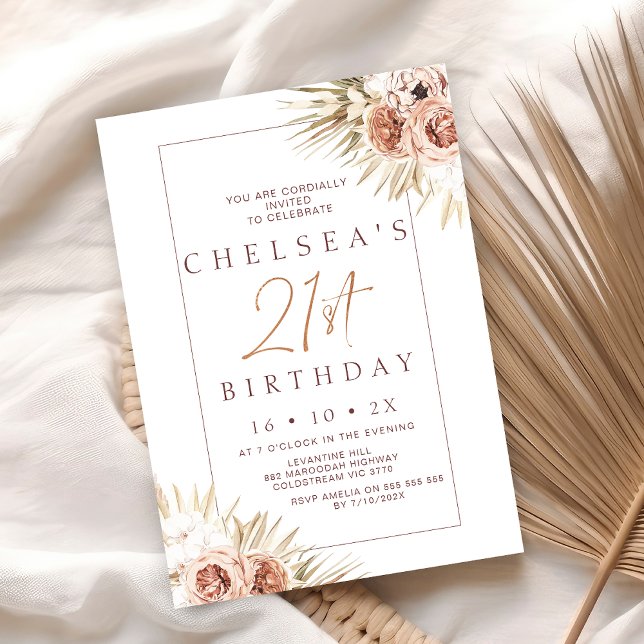 Invitación Palm floral Boho moderno 21º cumpleaños (Boho Floral 21st Birthday Invitation, Bohemian Floral 21st Birthday Invite, Modern Rustic Girl)