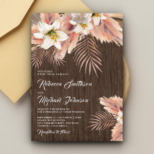 Invitación Palm Floral de Lirio Blanco Pampas Barn Wood Boda