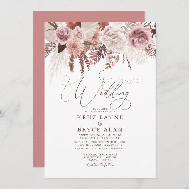 Invitación Palm floral Rosa y seca pampas Boda Boho Grass (Anverso / Reverso)