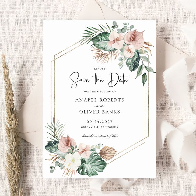 Invitación Palm Floral Tropical Rubor Geometric Save the Date (Subido por el creador)