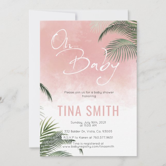 Invitación Palm Fronds Hawaiian Tropical Trendy Pink Moderno (Anverso)