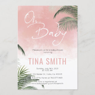 Invitación Palm Fronds Hawaiian Tropical Trendy Pink Moderno