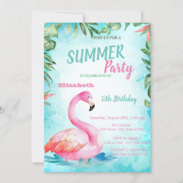 Invitación Palm Leaf,Cute Flamingos Cumpleaños Party