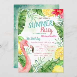 Invitación Palm Leaf, Flamingo Pool Birday Party