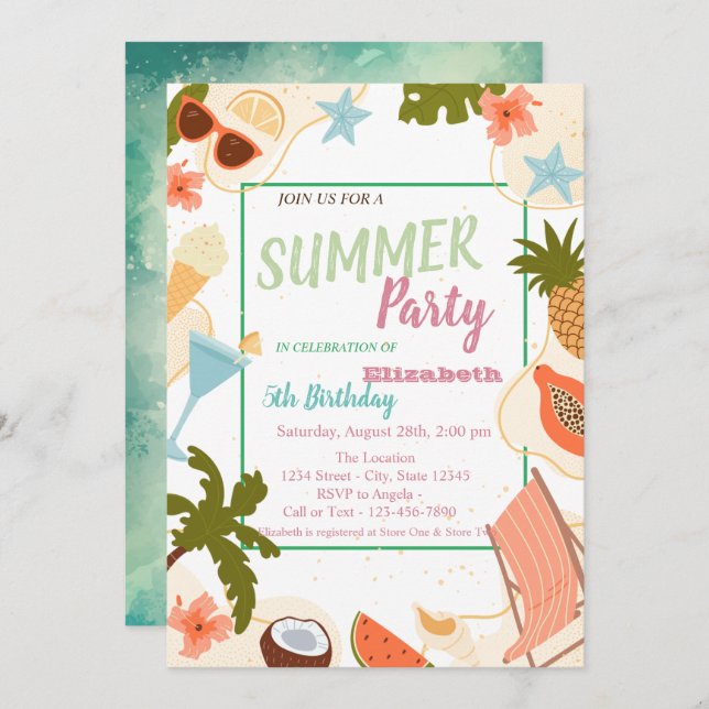 Invitación Palm Leaf, Flowers,Fruits Summer Birthday   (Anverso / Reverso)