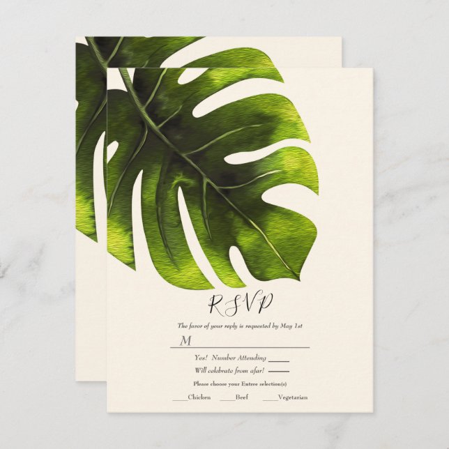 Invitación Palm Leaf Tropical Elegante Boda Moderna RSVP (Anverso / Reverso)