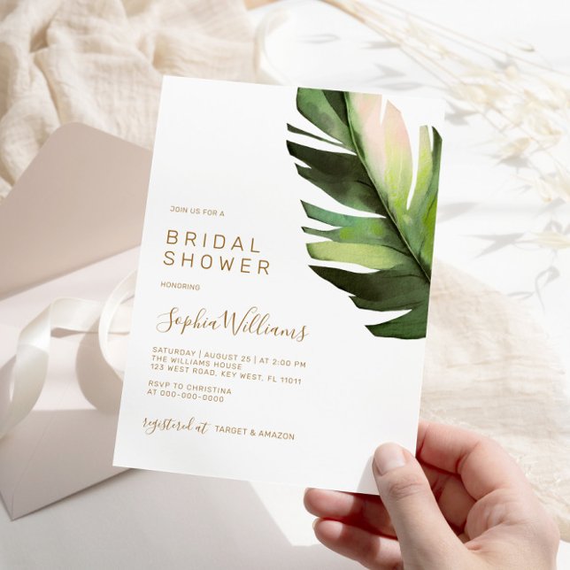 Invitación Palm Leaf Tropical Floral Moderna Ducha Nupcial (Subido por el creador)