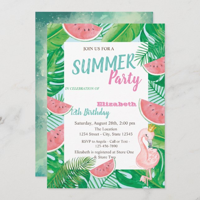 Invitación Palm Leaf Watermelon Pink Flamingo Fiesta de cumpl (Anverso / Reverso)