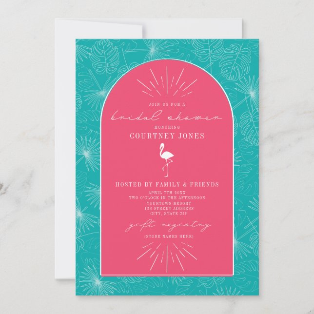 Invitación Palm Leaves Flamingo Blue Bridal Shower (Anverso)