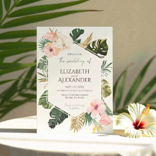 Invitación Palm Leaves Hibiscus Boda de Verdor Tropical