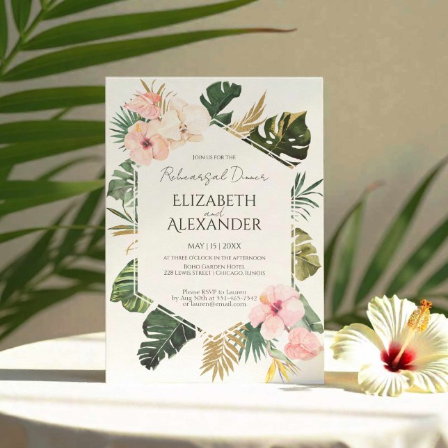 Invitación Palm Leaves Hibiscus Ensayo Tropical Cena (Subido por el creador)