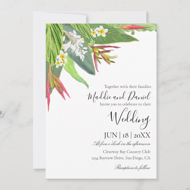 Invitación Palm Leaves Plumeria Boda Tropical Elegante (Anverso)
