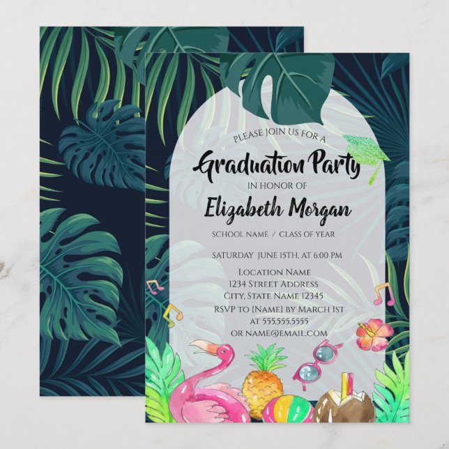 Invitación Palm Leaves Purpurina Grad Cap,Graduación (Anverso / Reverso)