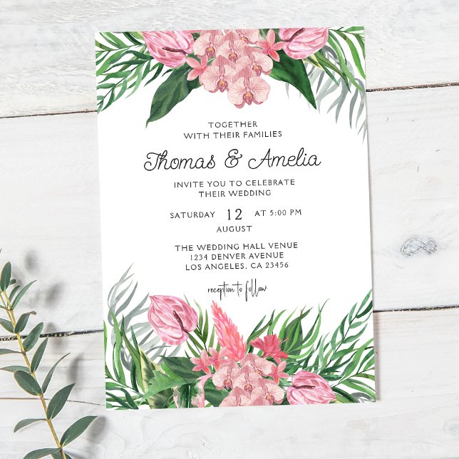 Invitación Palm Leaves Rubor Floral | Boda tropical moderno (Subido por el creador)
