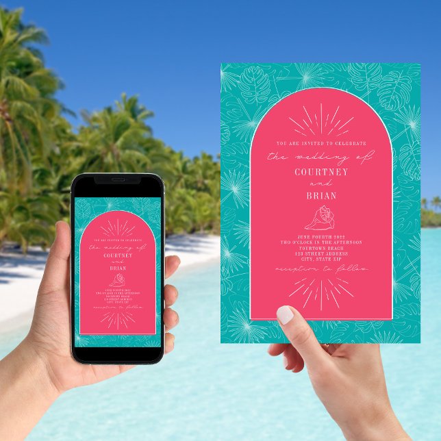 Invitación Palm Leaves Seashell Pink Blue Beach Wedding (Subido por el creador)