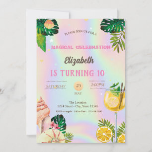 Invitación Palm Leaves Shells Cocktail Holographic Cumpleaños
