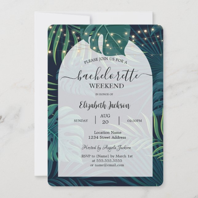 Invitación Palm Leaves String Luces Bachelorette Party (Anverso)