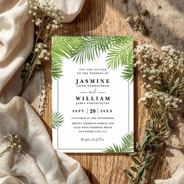 Invitación Palm Leaves Tropical Elegant Chic QR Code Wedding (Subido por el creador)