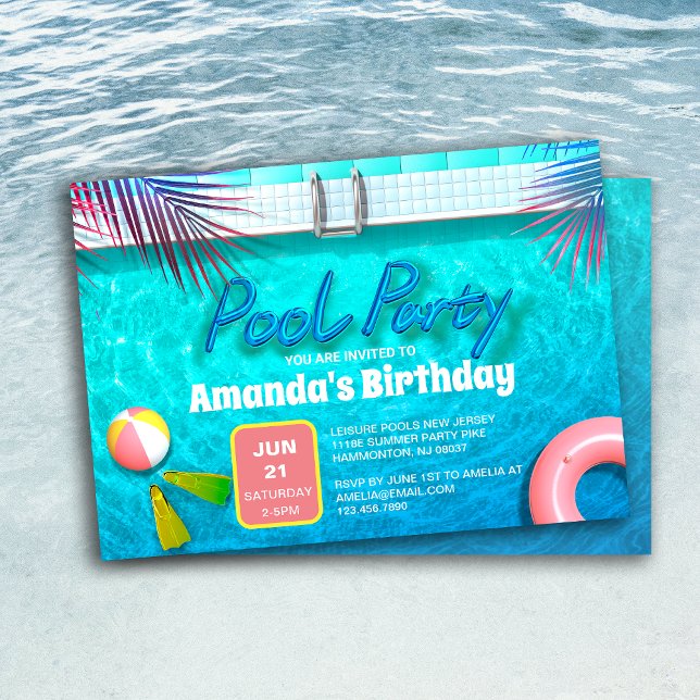 Invitación Palm Leaves y piscina de verano Niños Fiestas Cump (Palm Leaves & Summer Pool Party Kids Birthday Invitation)