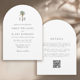 Invitación Palm Monogram Elegant Arch Tropical Wedding QRCode