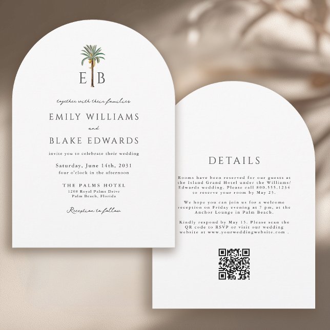 Invitación Palm Monogram Elegant Arch Tropical Wedding QRCode (Subido por el creador)