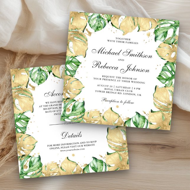 Invitación Palm Monstera Verde y Oro todo en un solo Boda (Subido por el creador)