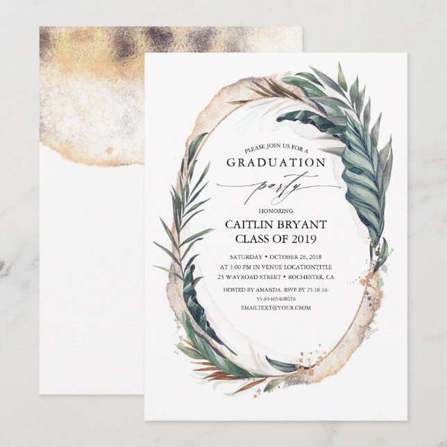 Invitación Palm playa tropical y dorada deja la graduación (Anverso / Reverso)
