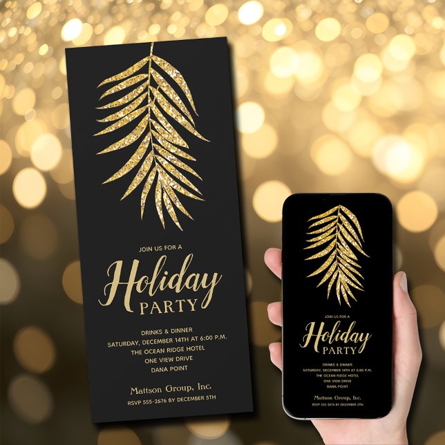 Invitación Palm Purpurina de oro en Fiesta de Navidades negro (Gold Glitter Palm on Black Christmas Party Invitations - INSTANT DOWNLOAD and/or PRINTED)