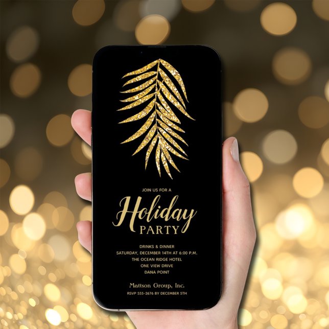 Invitación Palm Purpurina de oro en vacaciones de Navidades n (Gold faux glitter palm on black Christmas holiday invitations - INSTANT DOWNLOAD and/or PRINTED)