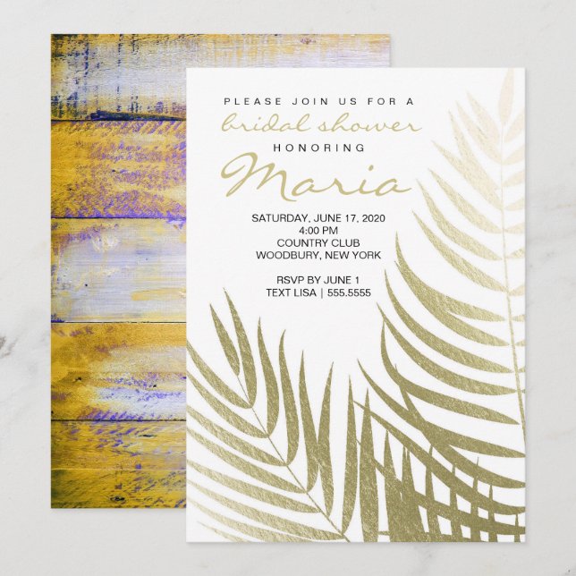 Invitación Palm Relieve metalizado dorado deja ducha nupcial (Anverso / Reverso)