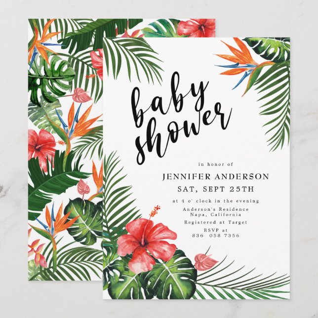 Invitación Palm roja hibiscus deja Baby Shower tropical (Anverso / Reverso)
