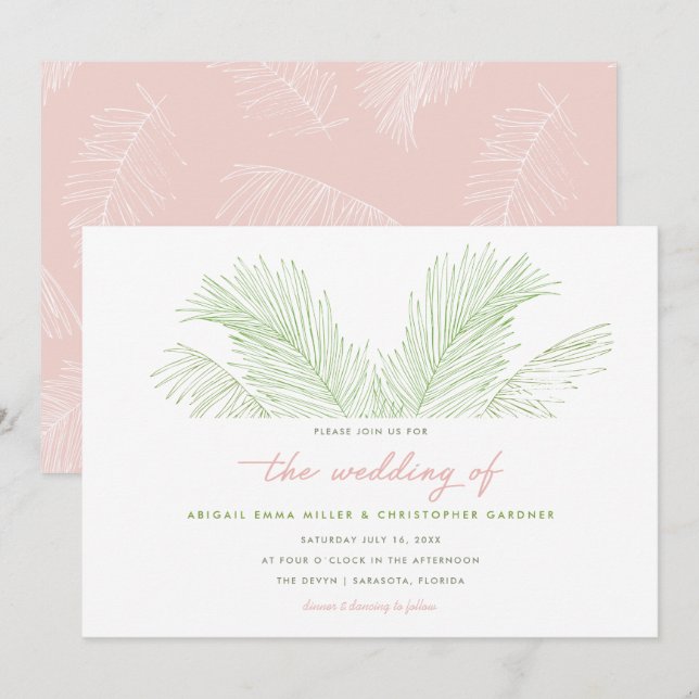 Invitación Palm rosa y verde deja una boda tropical en la pla (Anverso / Reverso)