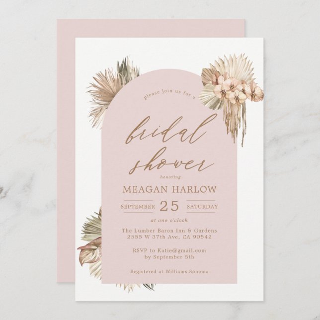 Invitación Palm Seca Bohemia deja ducha de novia rosa (Anverso / Reverso)