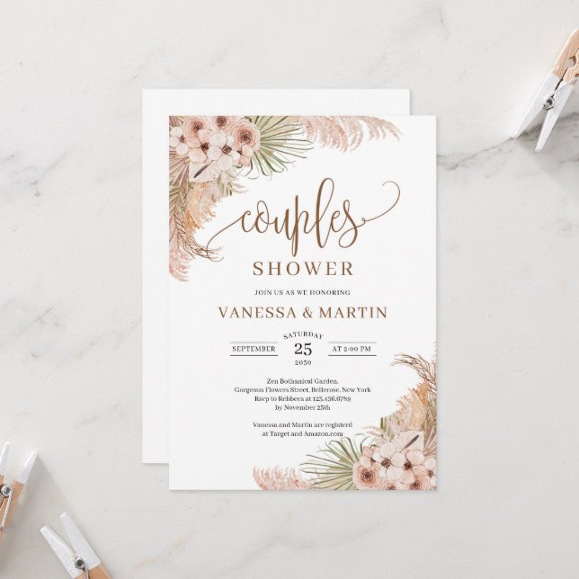 Invitación Palm Seca Boho Sale De Pampas Ducha Parejas De Hie (Anverso/Reverso In Situ)