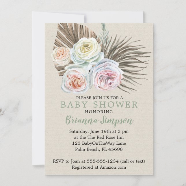 Invitación Palm seca moderna Boho Floral Neutral Baby Shower (Anverso)